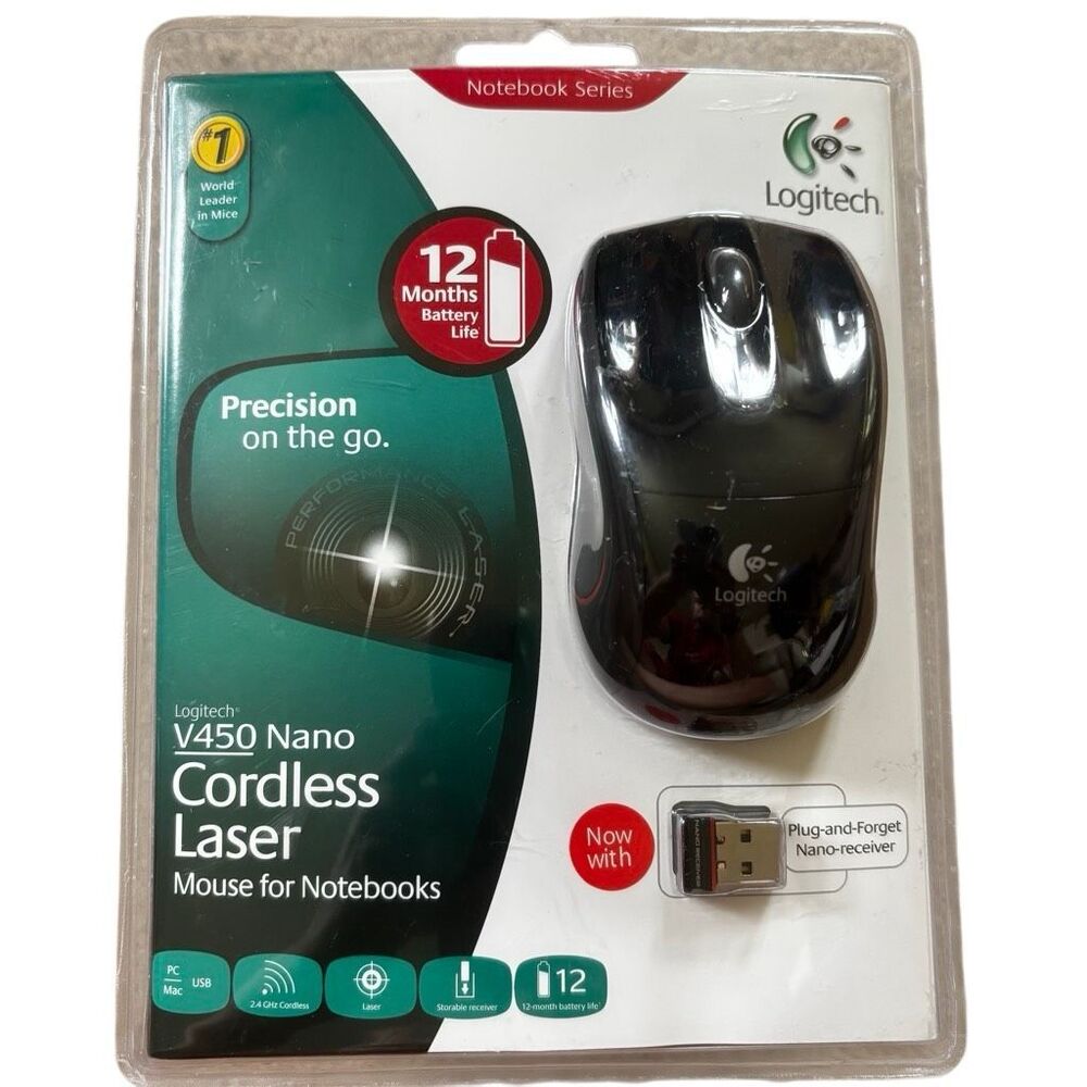 New Logitech V450 Nano Wireless Laser Mouse Black Notebook Series Sealed